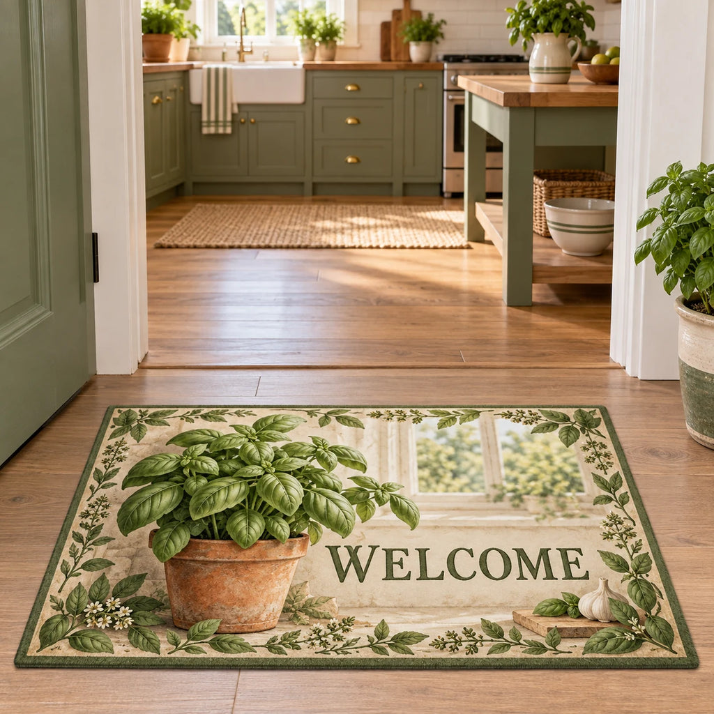 Basil Kitchen Window Welcome Doormat with dimensional printed artwork in a coordinated farmhouse setting