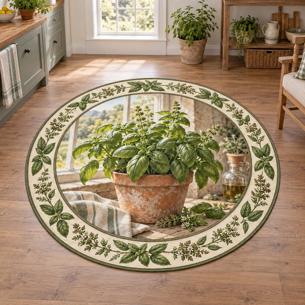 Basil Kitchen Window Round Rug with dimensional printed botanical artwork in a matching interior