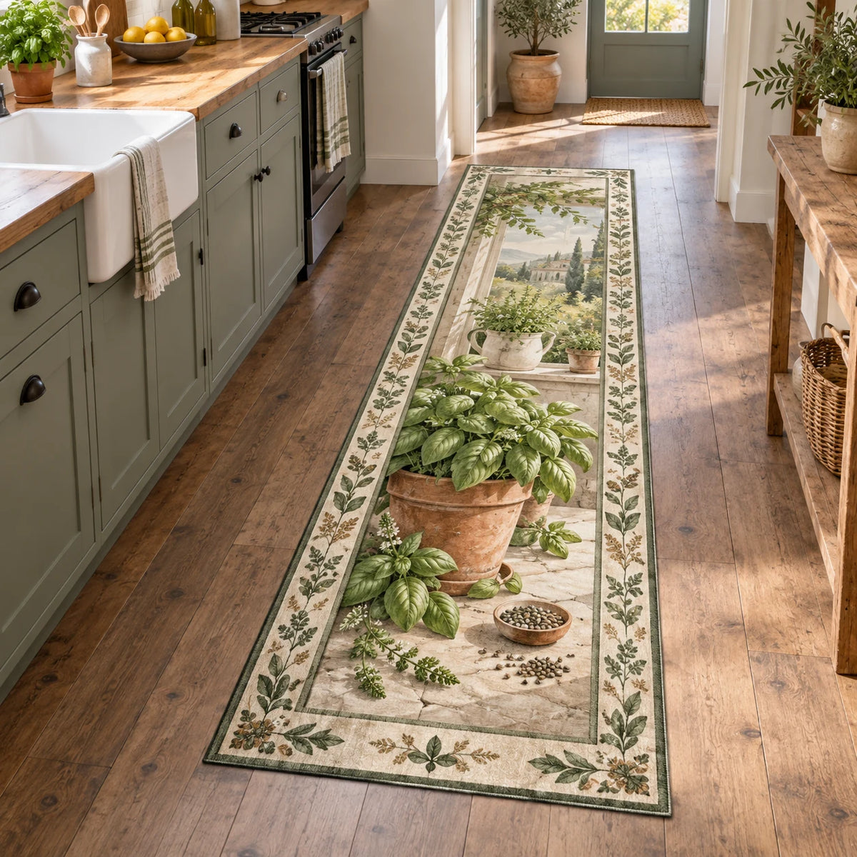 Basil Kitchen Window Runner Rug with dimensional printed artwork in a coordinated farmhouse setting