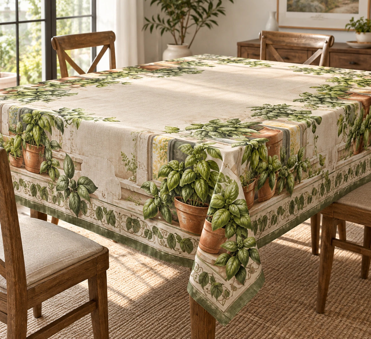 Basil Kitchen Window Tablecloth with printed dimensional artwork