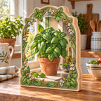 Basil Kitchen Window 3-Layer Wooden Block with dimensional printed artwork in a coordinated farmhouse setting