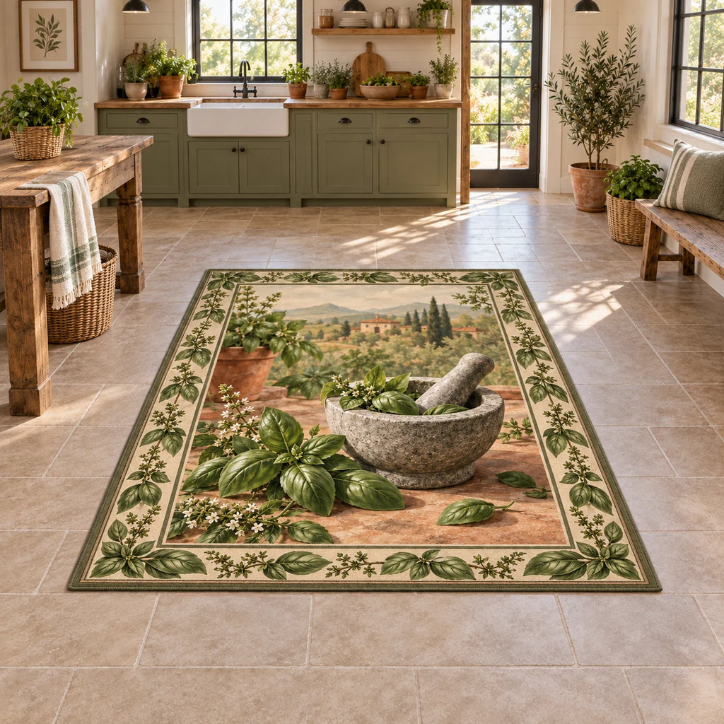 Area Rug with printed basil, stone mortar and pestle, green botanical border and farmhouse kitchen setting
