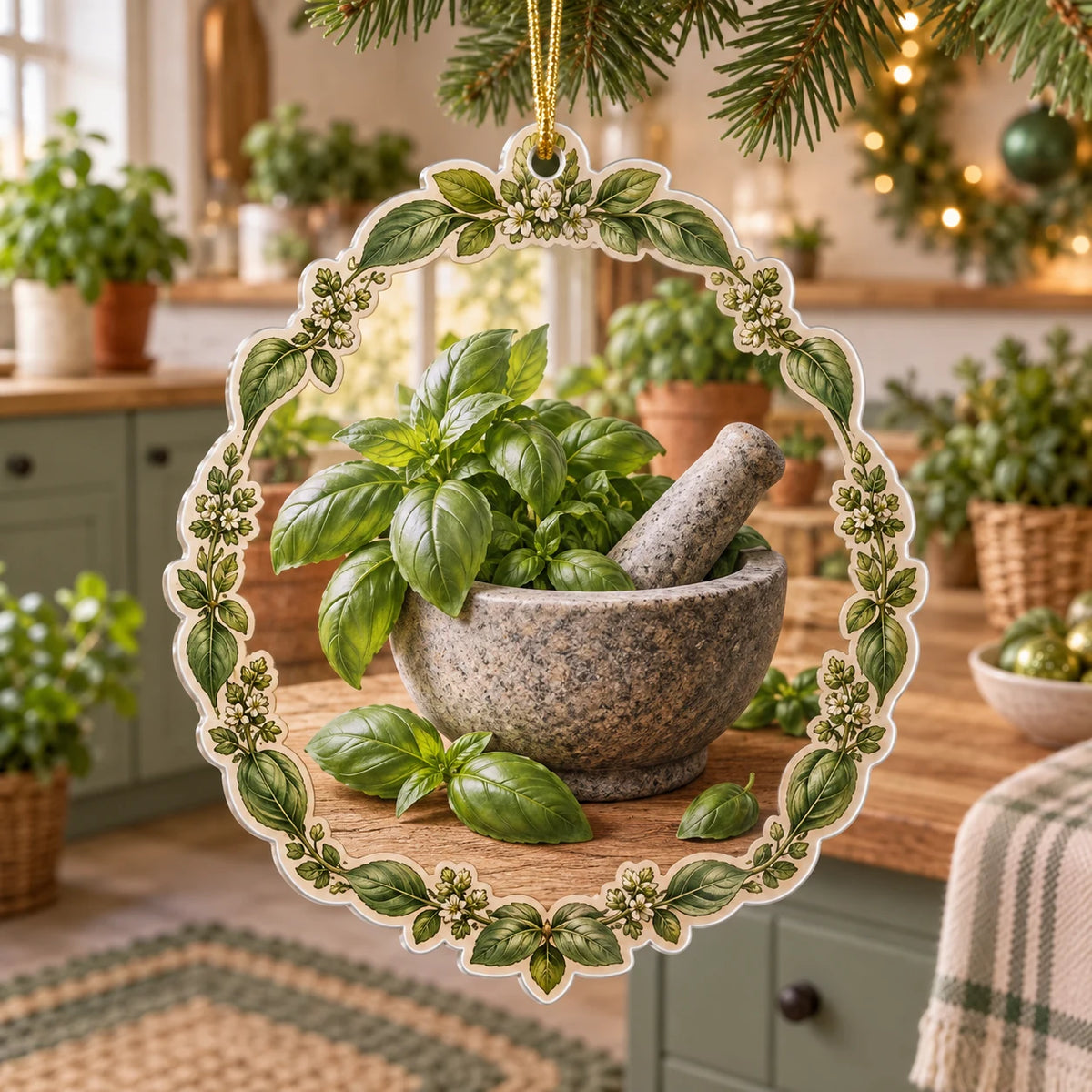 Christmas Ornament with printed basil, stone mortar and pestle, green botanical border and farmhouse kitchen setting