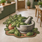 Custom Shape Area Rug with printed basil, stone mortar and pestle, green botanical framing and farmhouse kitchen setting