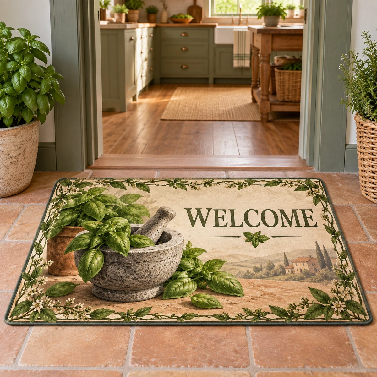 Doormat with printed basil, stone mortar and pestle, green botanical border and farmhouse kitchen setting