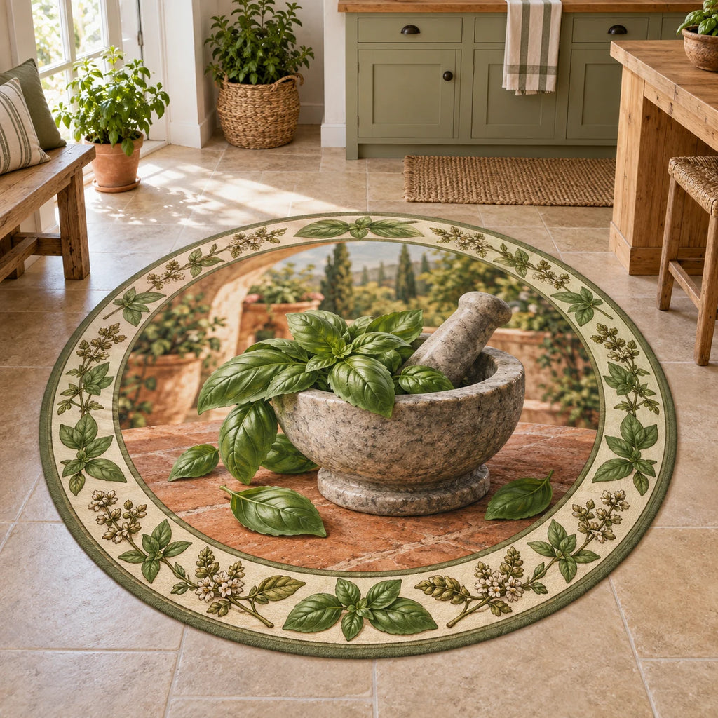 Round Mat Rug with printed basil, stone mortar and pestle, green botanical border and farmhouse kitchen setting
