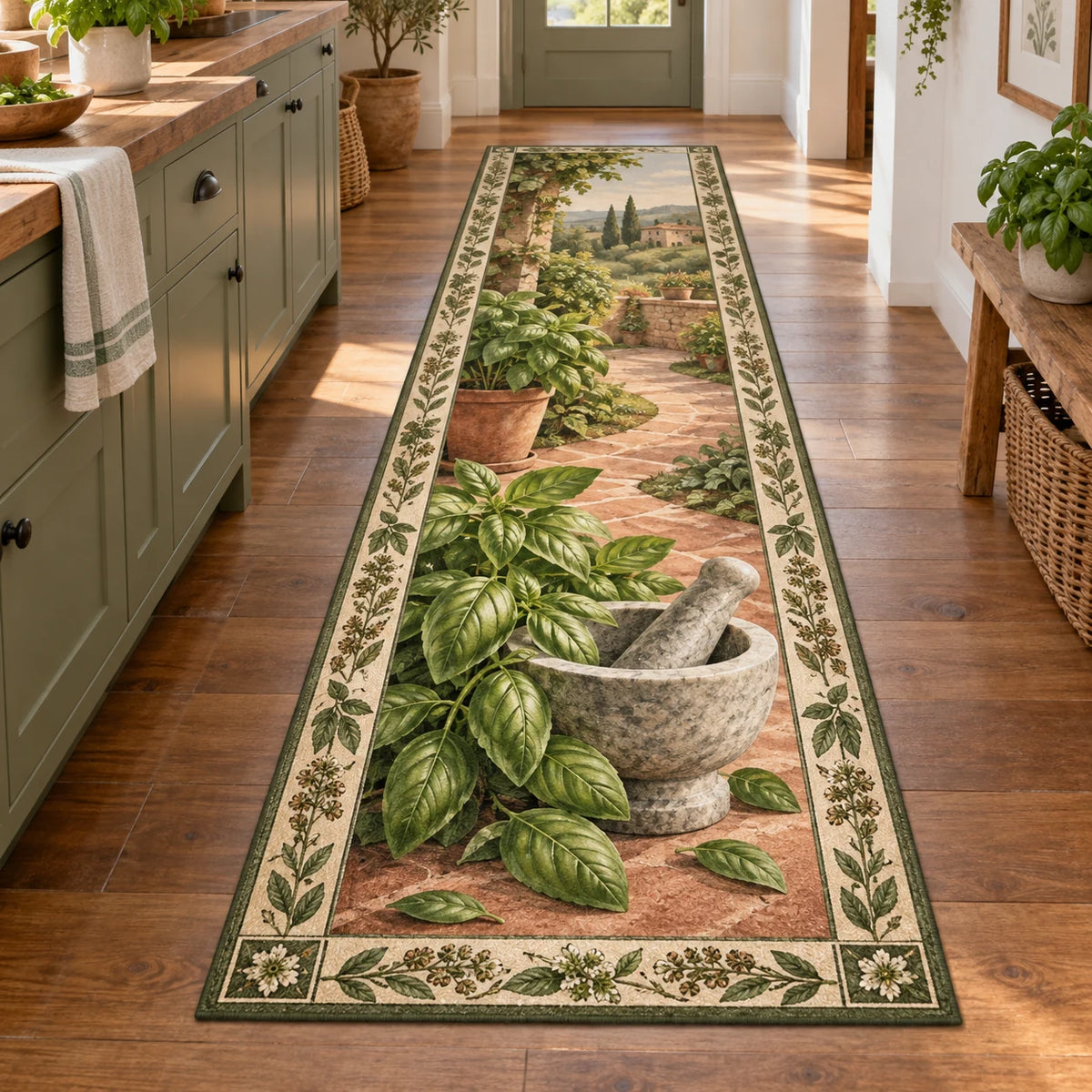 Runner Rug with printed basil, stone mortar and pestle, green botanical border and farmhouse kitchen setting