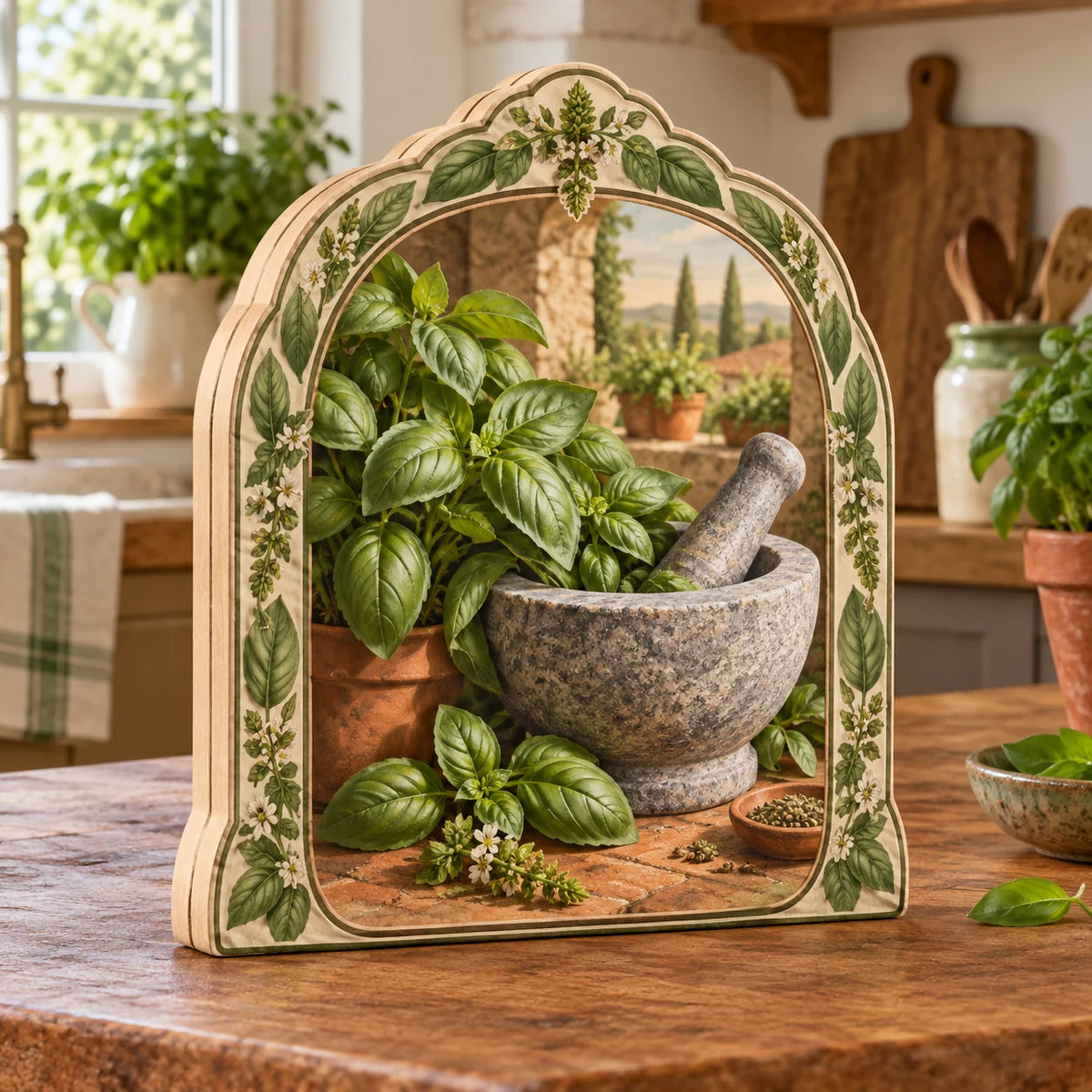 Wooden Block 3 Layer with printed basil, stone mortar and pestle, green botanical framing and farmhouse kitchen setting