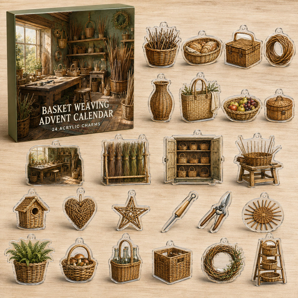 Basket Weaving printed advent calendar box with 24 different acrylic charms in a themed studio