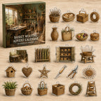 Basket Weaving printed advent calendar box with 24 different acrylic charms in a themed studio