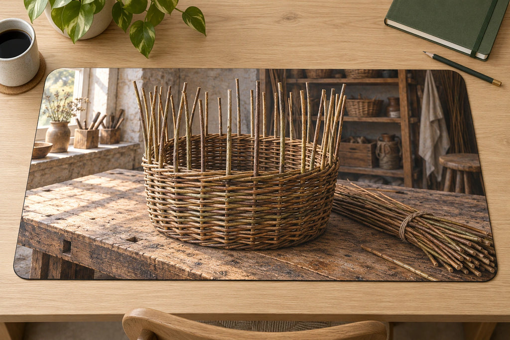 Basket Weaving Willow Studio Desk Mat with flat printed willow basket, workbench and studio depth; accessories not included.