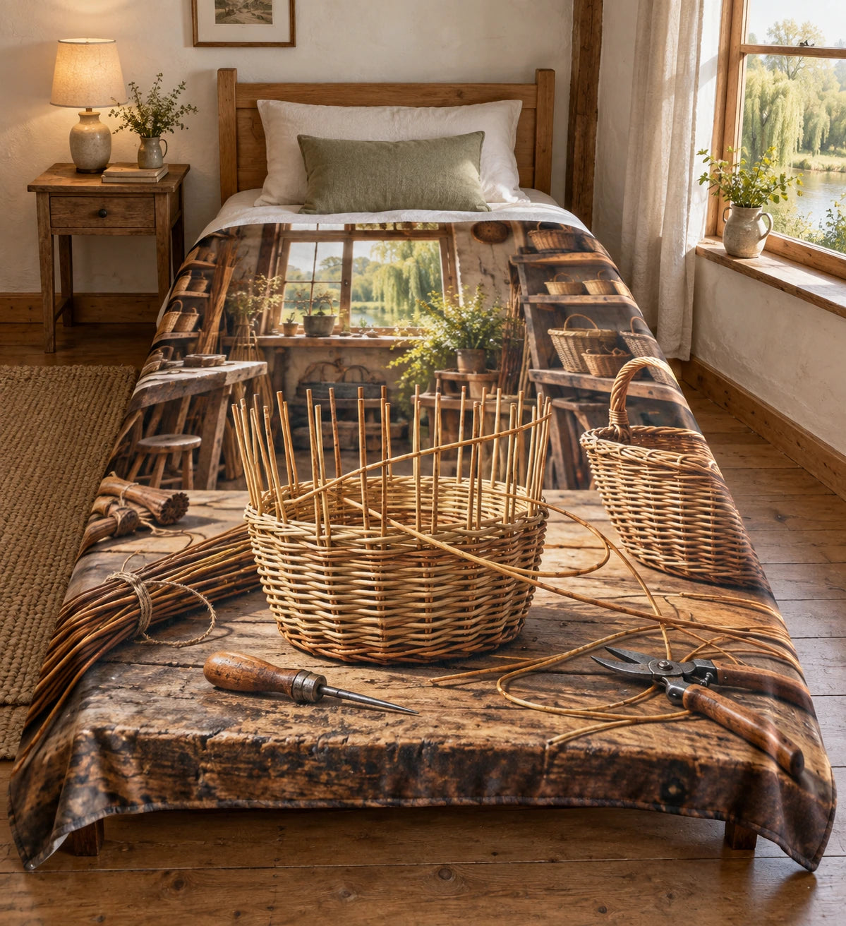 Willow basket weaving workshop, flat printed optical-depth fleece throw blanket.