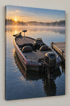 Bass Boat Morning Launch Stretched Canvas Wall Art with printed boat deck and lake reflection depth