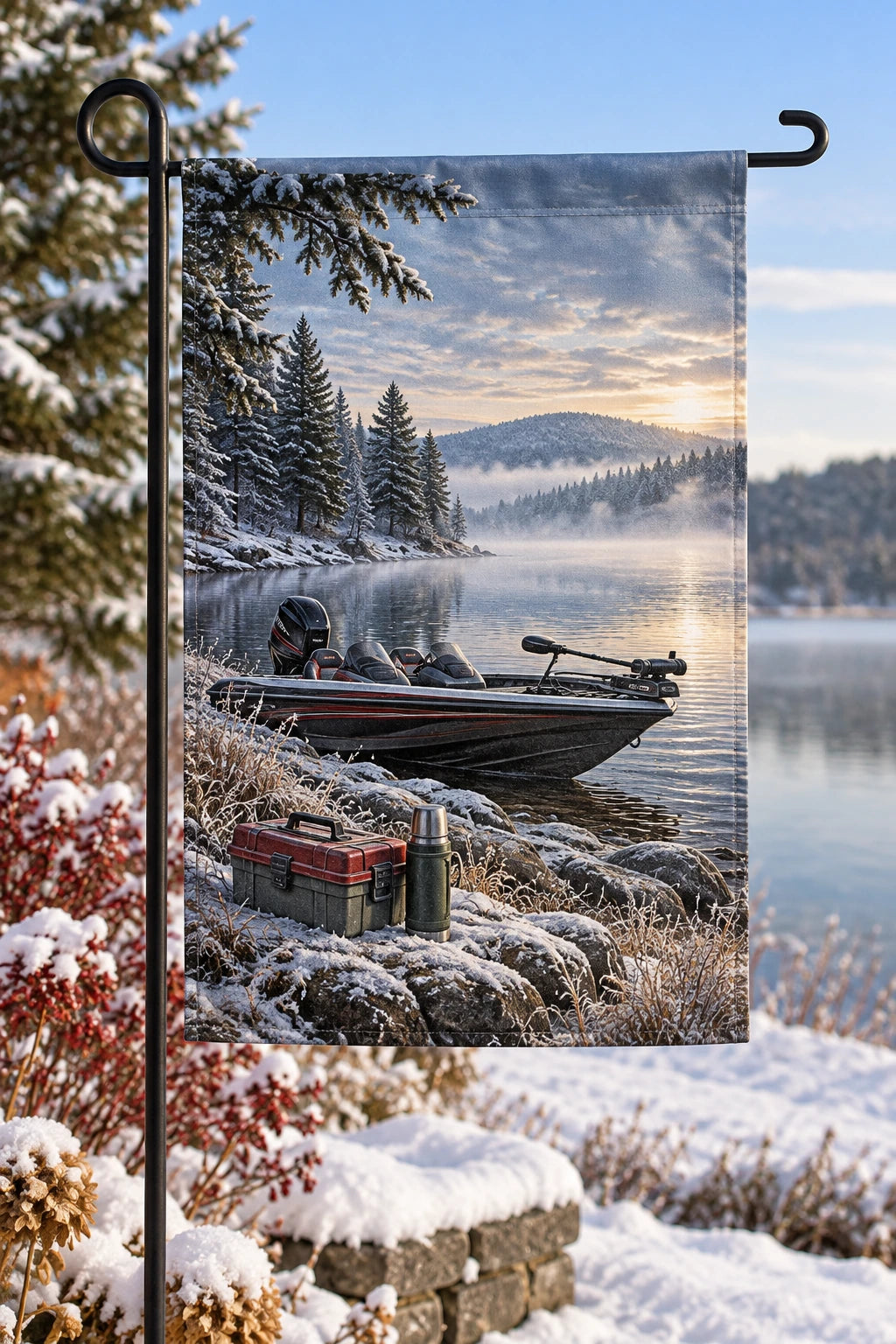 Bass Boat Winter Gear Garden Flag with printed dimensional artwork