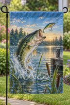 Bass leaping toward a fishing lure at sunrise printed on a polyester garden flag; stand shown for display only
