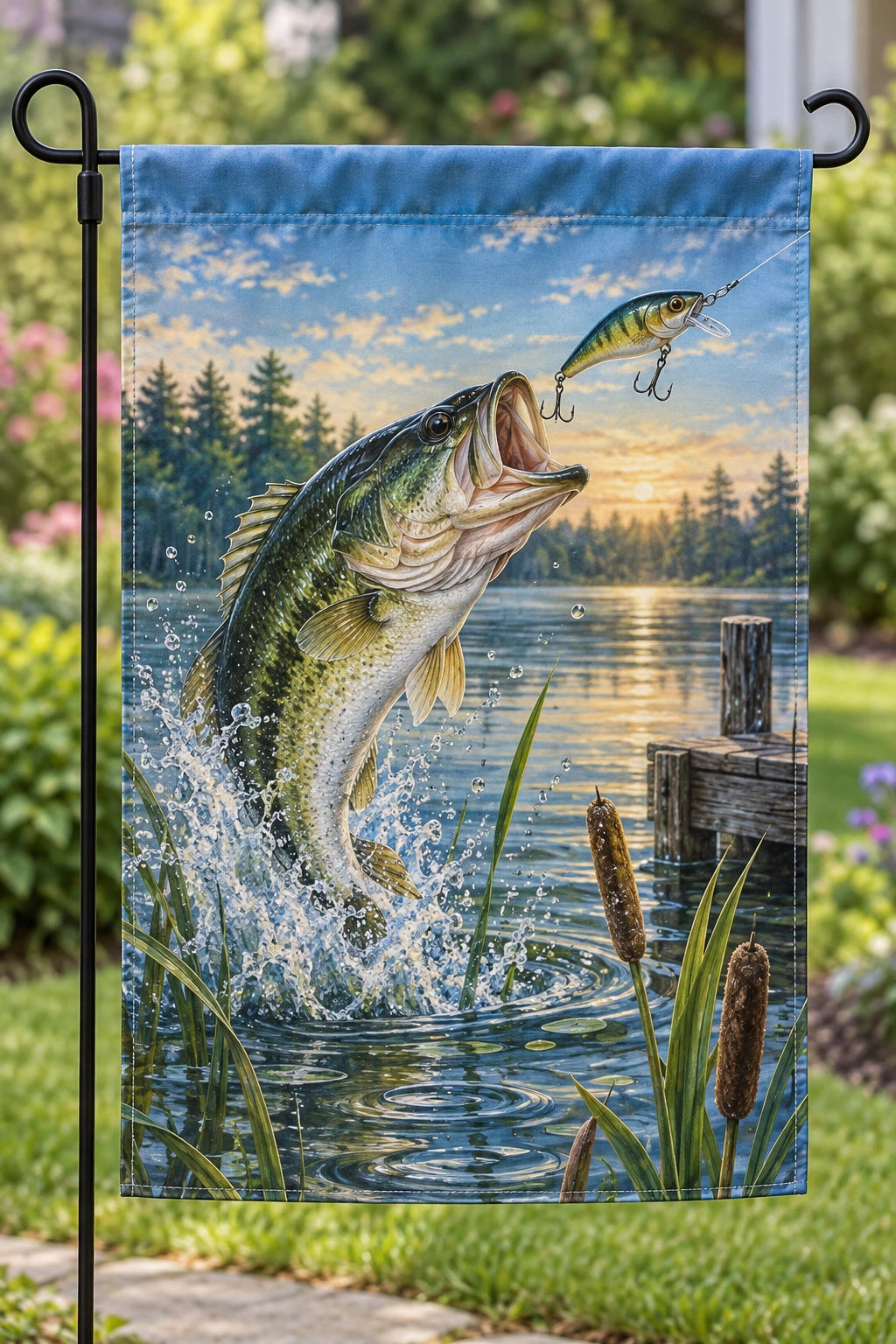 Bass leaping toward a fishing lure at sunrise printed on a polyester garden flag; stand shown for display only