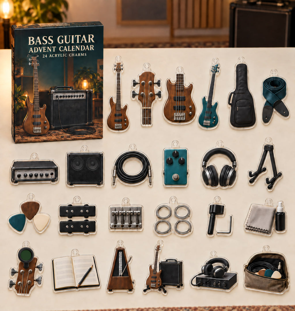 Bass Guitar advent calendar with 24 custom-shaped flat acrylic charms and printed dimensional artwork