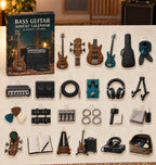 Bass Guitar advent calendar with 24 custom-shaped flat acrylic charms and printed dimensional artwork