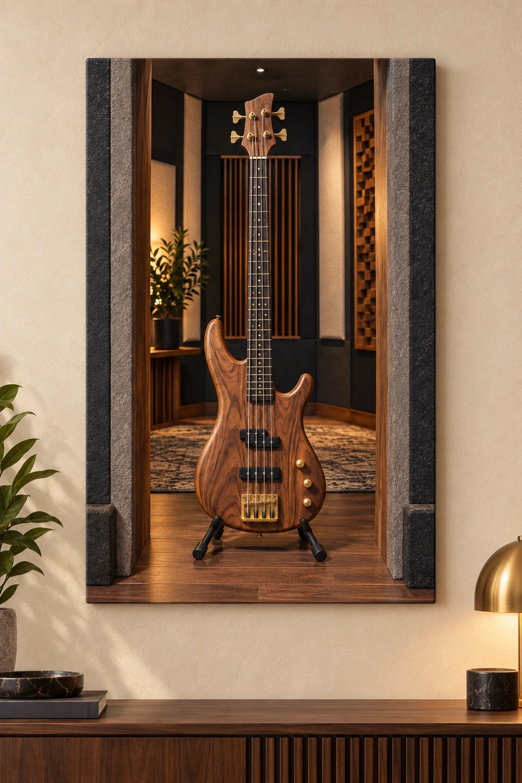 Four-string walnut bass in a recording studio, flat printed optical-depth stretched canvas.