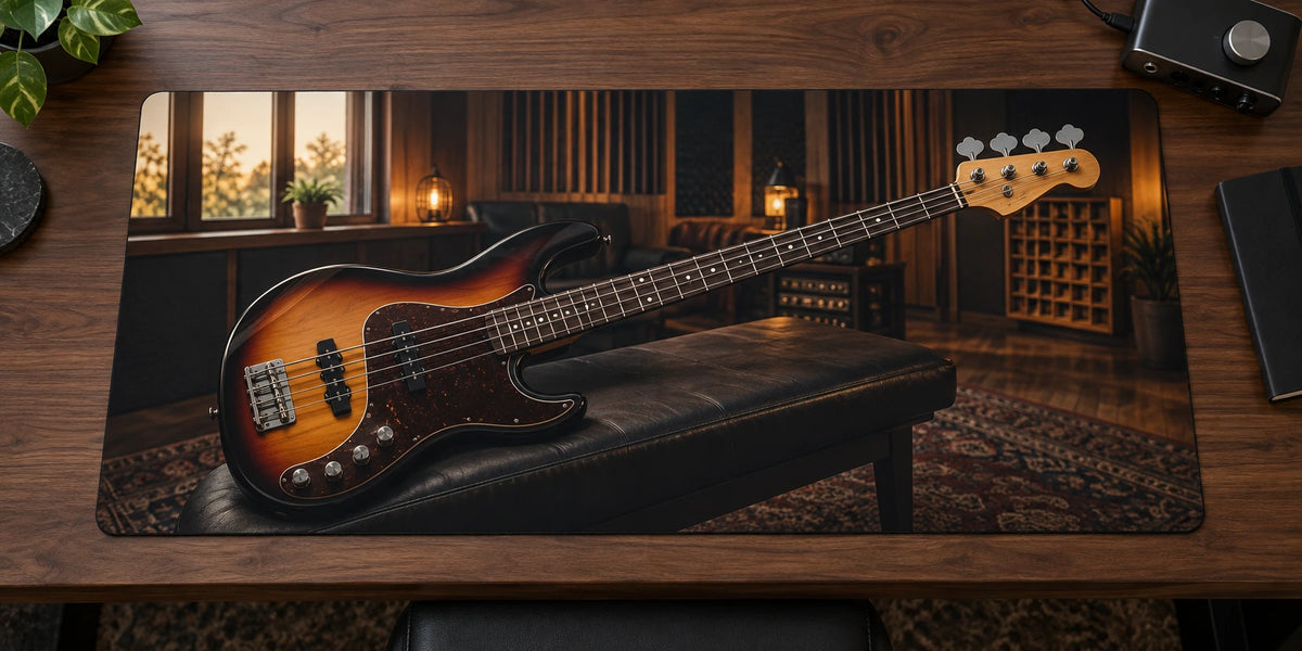 Four-string electric bass recording studio printed optical-depth design on a flat desk mat.