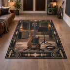 Walnut bass guitar area rug with coiled cable, plain music stand and warm home studio backdrop.