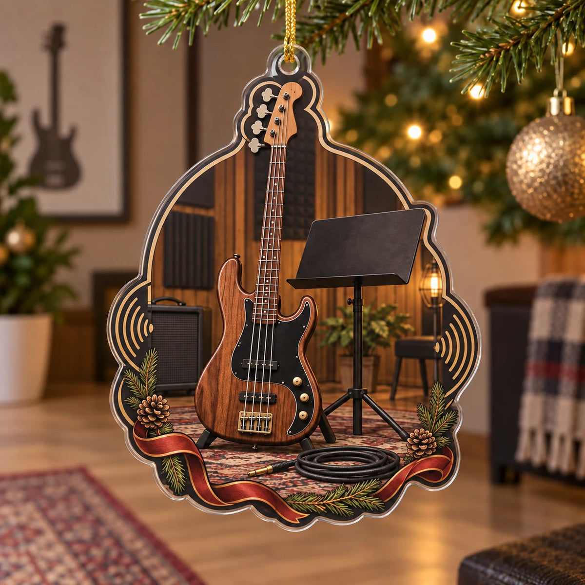 Walnut bass guitar christmas ornament with coiled cable, plain music stand and warm home studio backdrop.