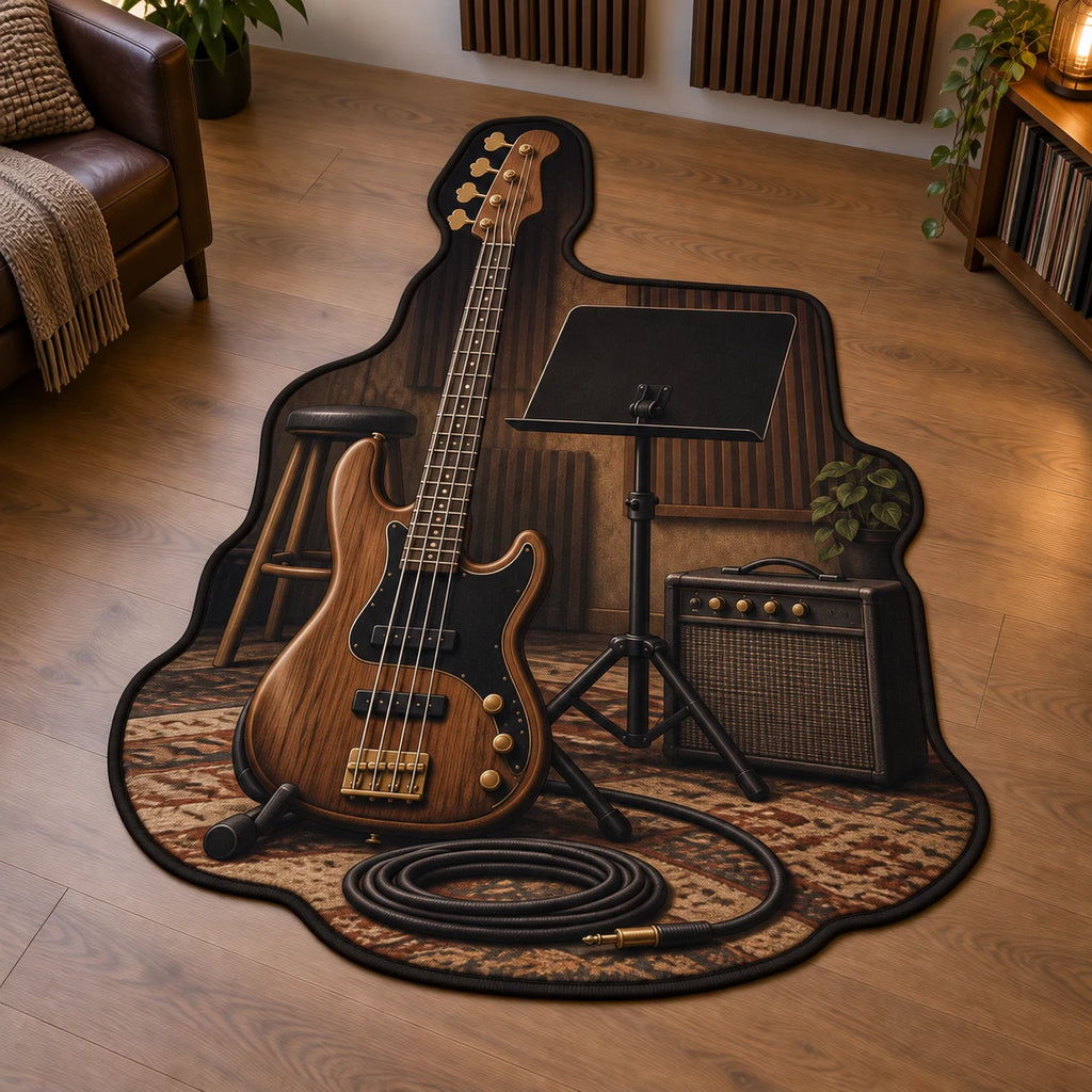 Walnut bass guitar custom shape area rug with coiled cable, plain music stand and warm home studio backdrop.