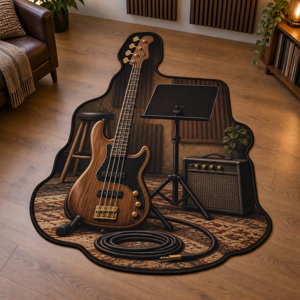 Walnut bass guitar custom shape area rug with coiled cable, plain music stand and warm home studio backdrop.