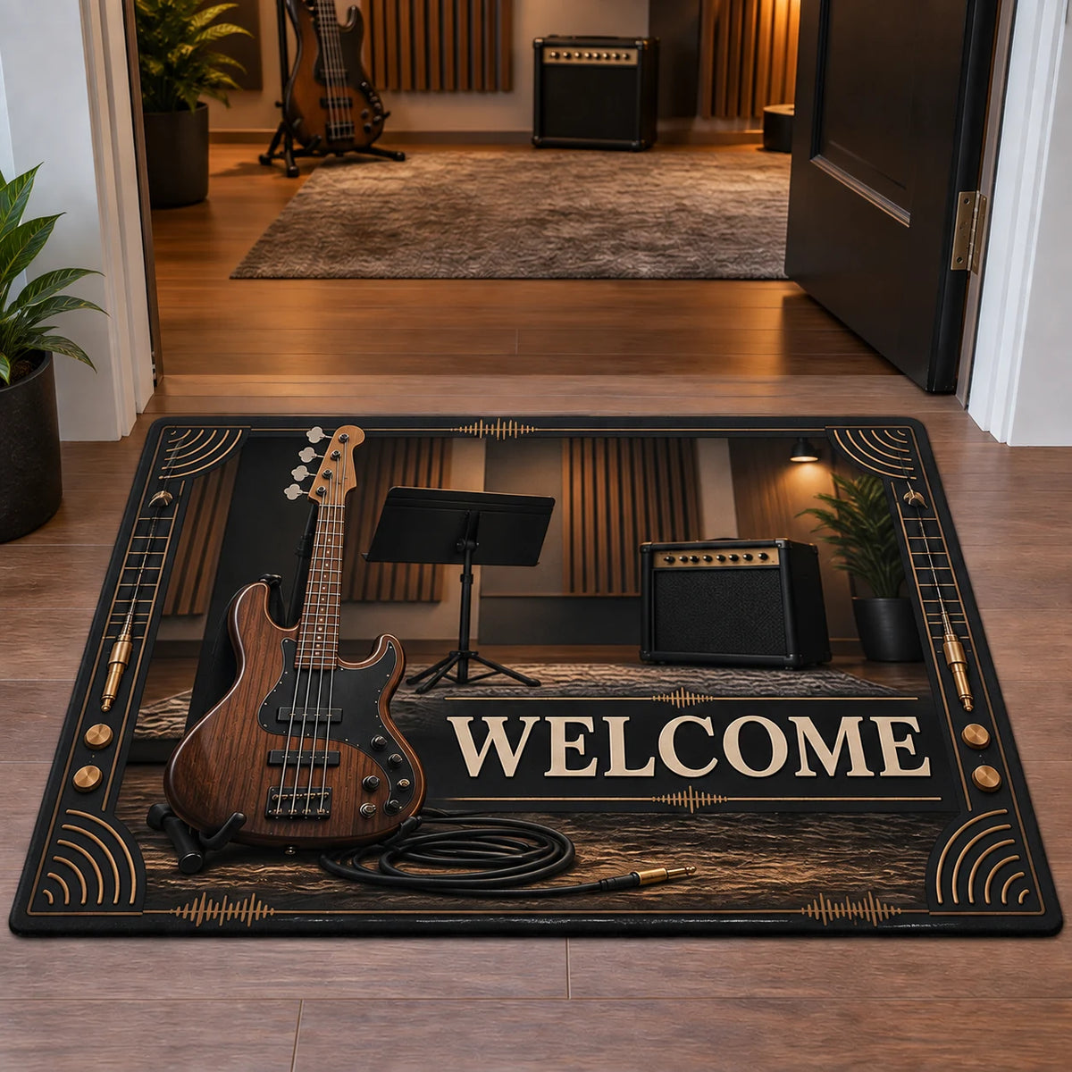 Walnut bass guitar doormat with coiled cable, plain music stand and warm home studio backdrop.
