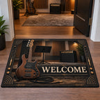 Walnut bass guitar doormat with coiled cable, plain music stand and warm home studio backdrop.