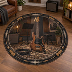 Walnut bass guitar round mat rug with coiled cable, plain music stand and warm home studio backdrop.