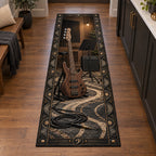 Walnut bass guitar runner rug with coiled cable, plain music stand and warm home studio backdrop.
