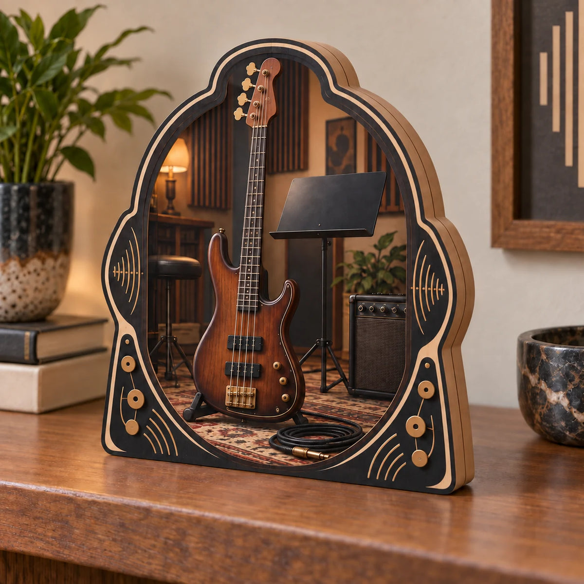 Walnut bass guitar wooden block with coiled cable, plain music stand and warm home studio backdrop.