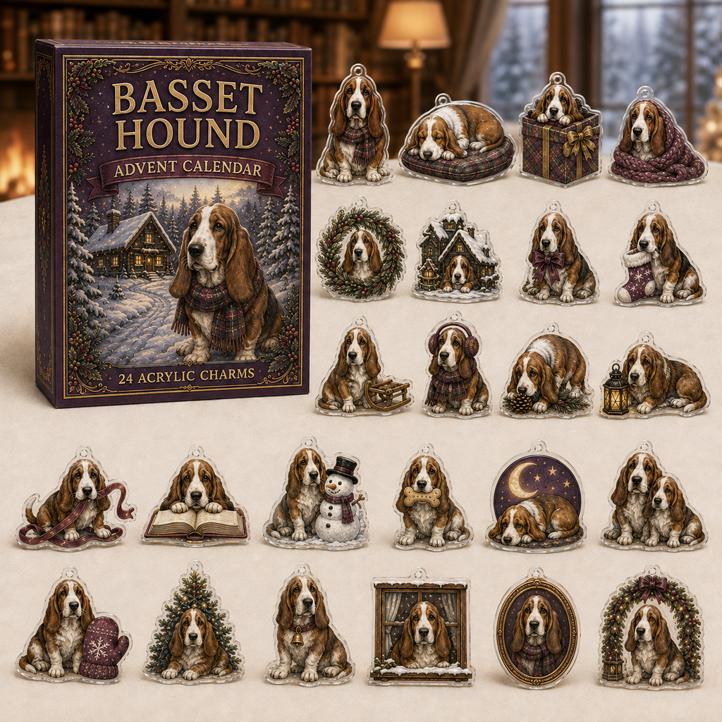 Basset Hound advent calendar box and full set of 24 illustrated acrylic charms on a light tabletop