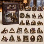 Basset Hound advent calendar box and full set of 24 illustrated acrylic charms on a light tabletop