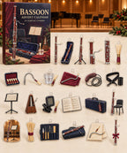 Bassoon advent calendar with 24 custom-shaped flat acrylic charms and printed dimensional artwork