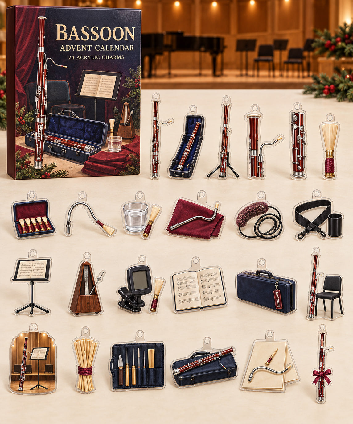 Bassoon advent calendar with 24 custom-shaped flat acrylic charms and printed dimensional artwork