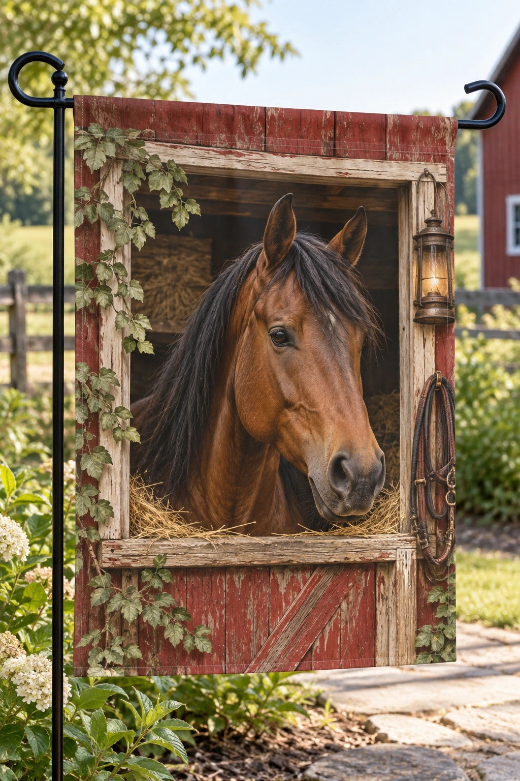 Bay Horse Hayloft Window Garden Flag with printed dimensional artwork