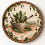 Bay Laurel Mortar and Pestle Wooden Wall Clock with printed dimensional artwork