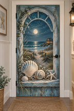 Beach Cottage Moonlit Tide Fabric Door Cover with flat printed shells and moonlit beach cottage depth