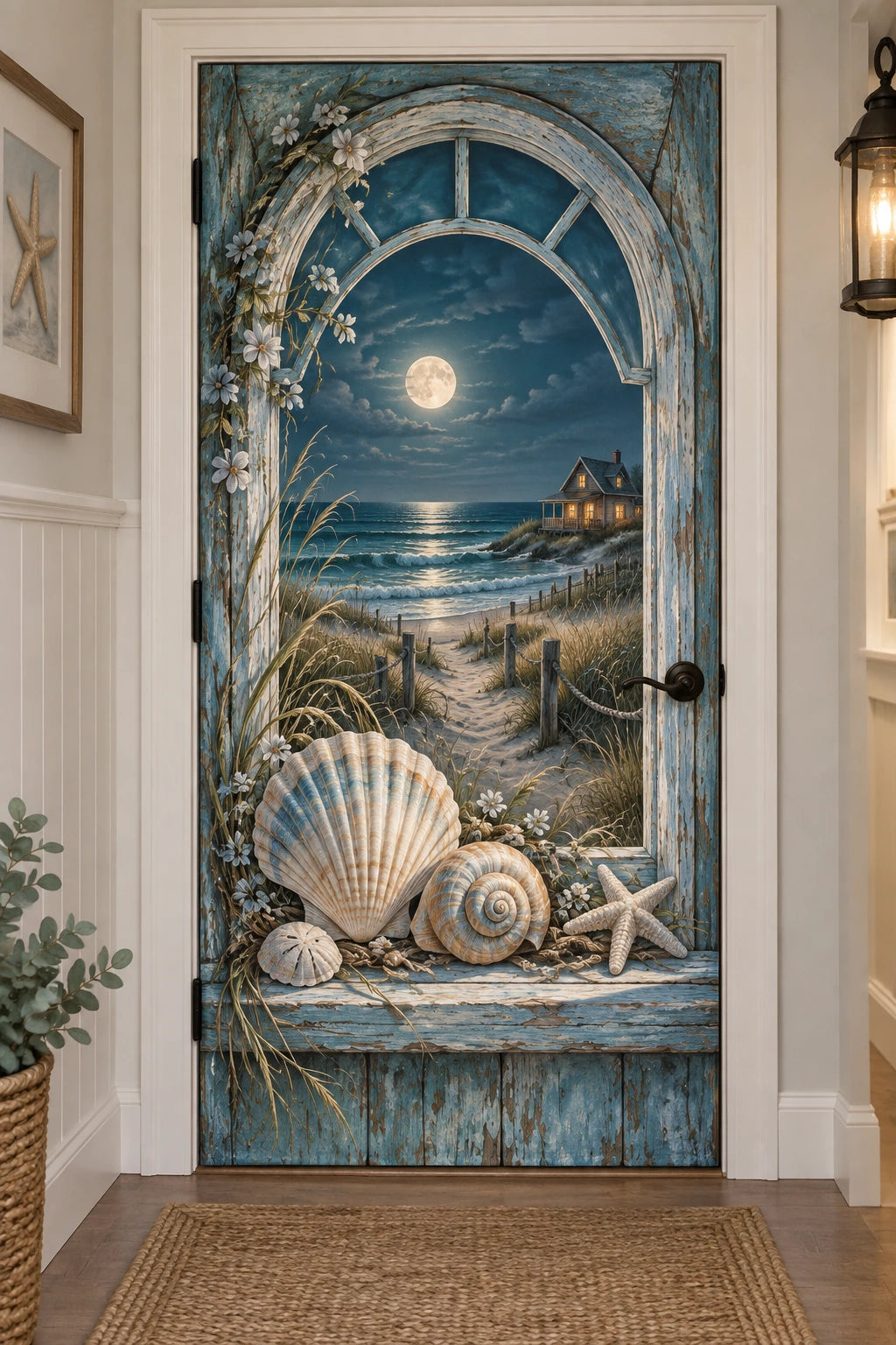 Beach Cottage Moonlit Tide Fabric Door Cover with flat printed shells and moonlit beach cottage depth
