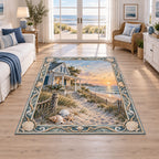 Revised rectangle shows all corners; cottage, dune path and sunrise sea inside shell and rope frame.