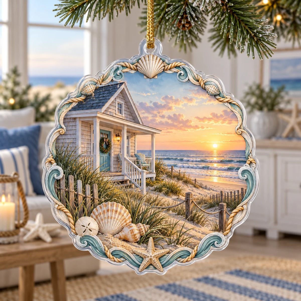 Supported gold cord and thin rim; opaque cottage scene with a door wreath and shell border.