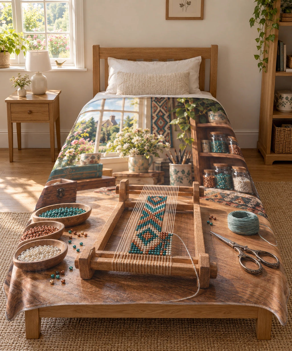 Bead loom in sunlit craft studio, flat printed optical-depth fleece throw blanket.