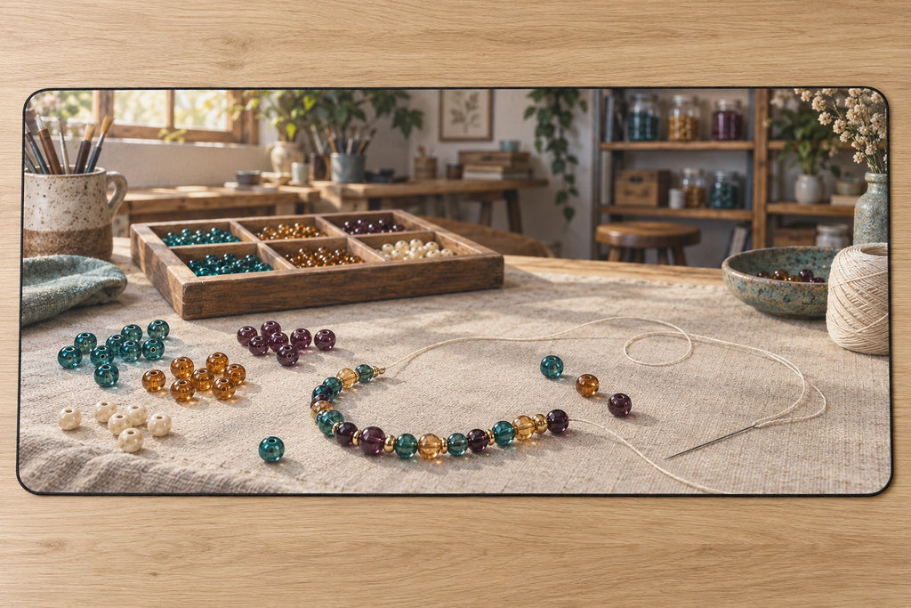 Beadwork Craft Studio Desk Mat with flat printed bead strand, needle, sorting tray and studio depth; supplies not included.