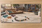 Beadwork Craft Studio Desk Mat with flat printed bead strand, needle, sorting tray and studio depth; supplies not included.