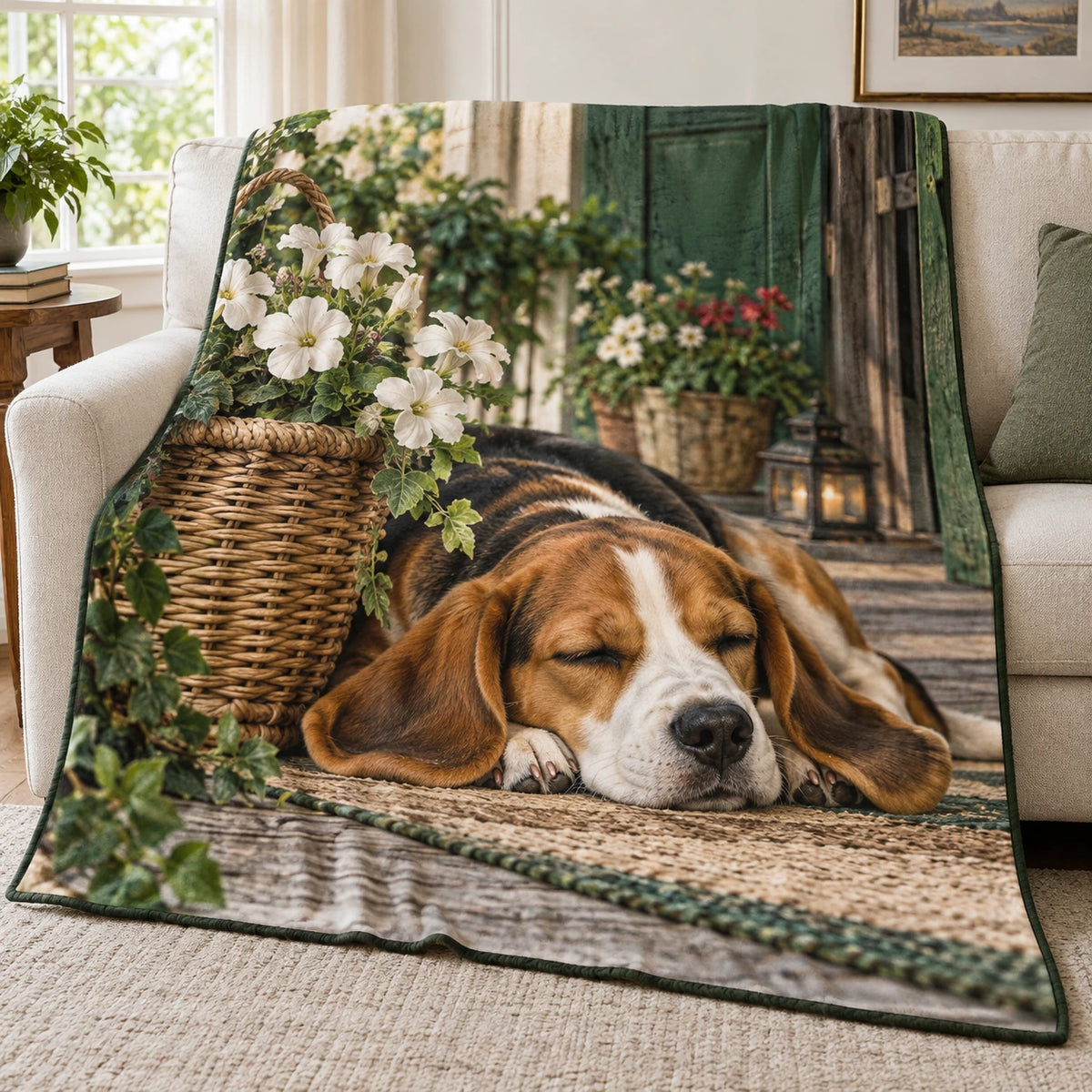 Beagle Porch Nap Fleece Blanket with printed dimensional artwork