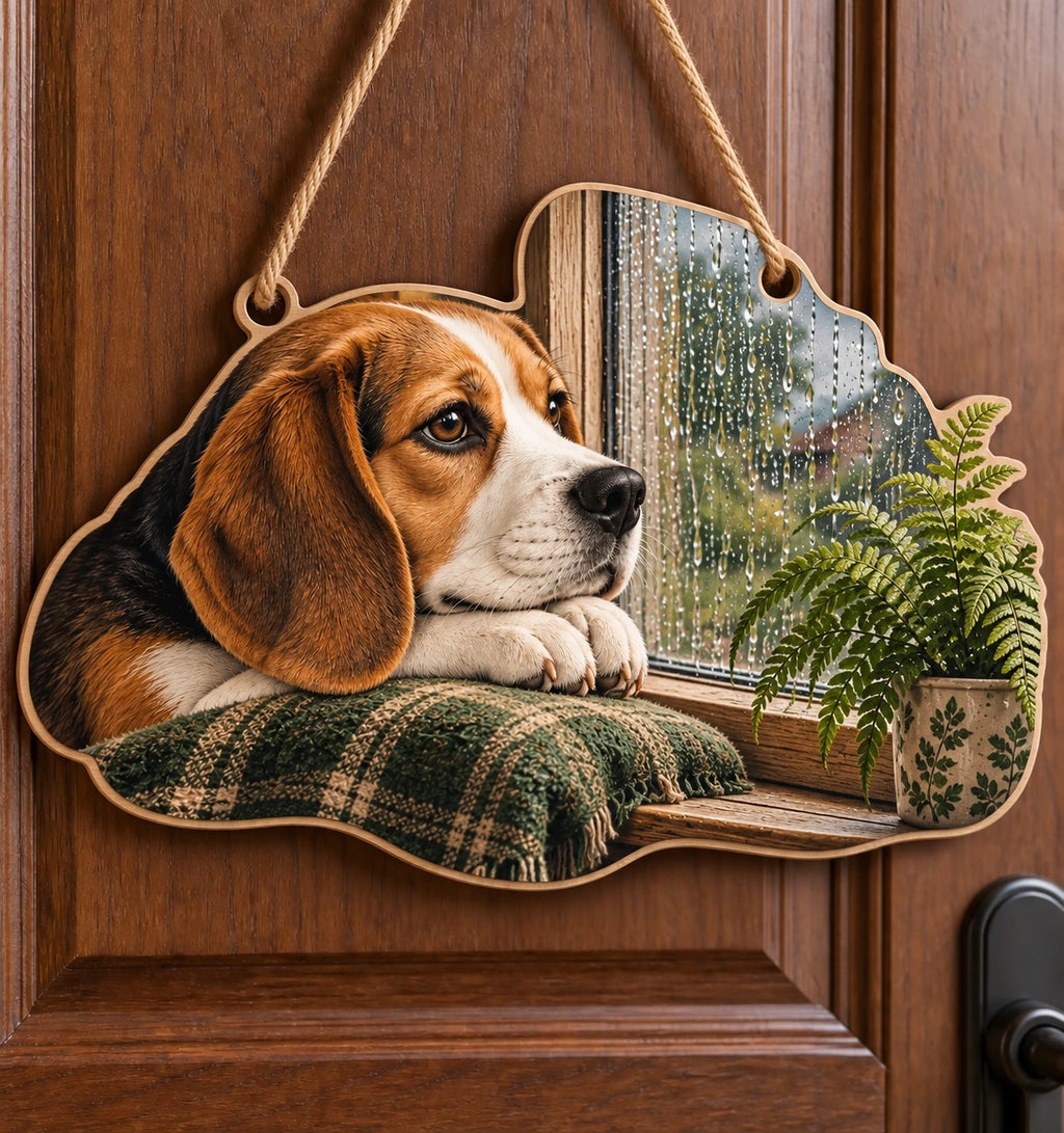 Beagle Rainy Window Custom Shape Door Hanger with printed dimensional artwork