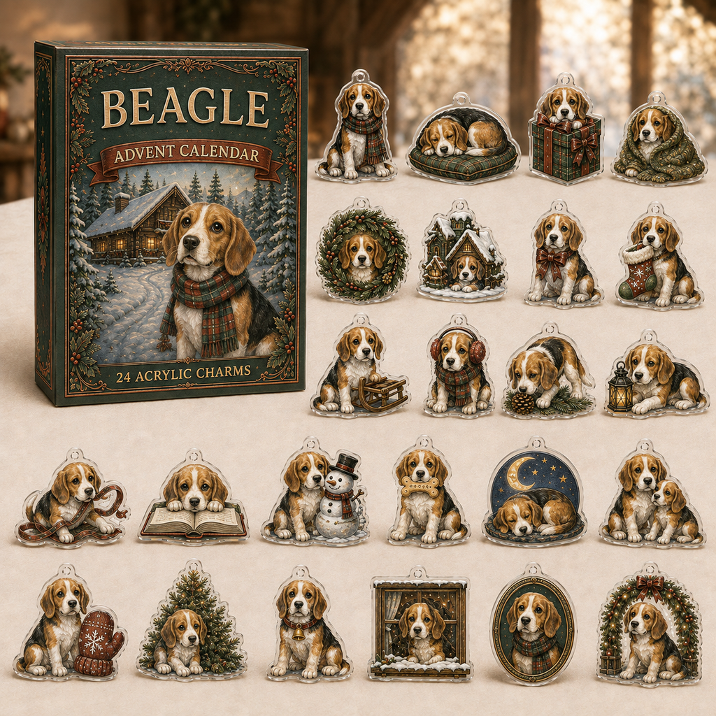 Beagle advent calendar box and full set of 24 illustrated acrylic charms on a light tabletop