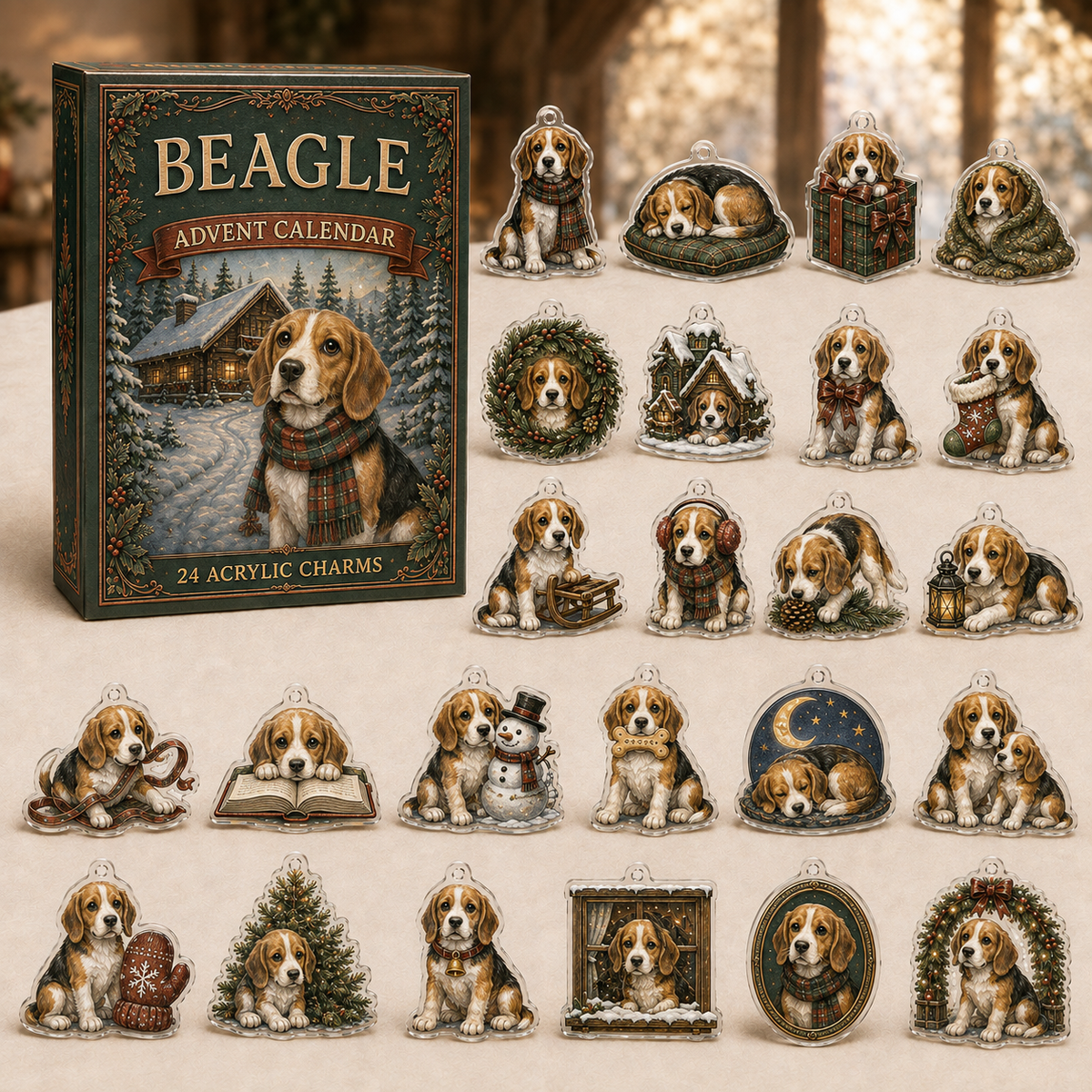 Beagle advent calendar box and full set of 24 illustrated acrylic charms on a light tabletop